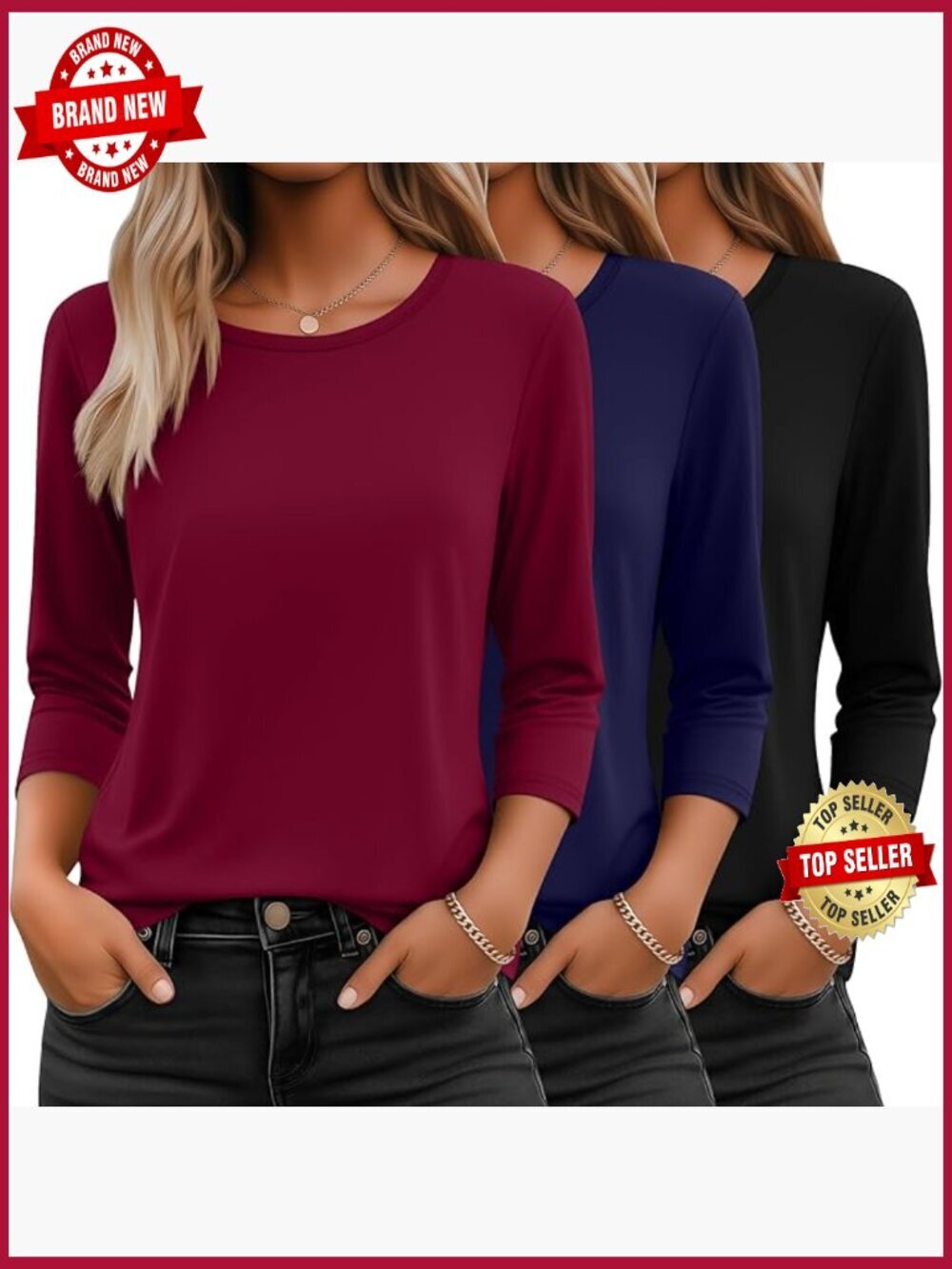 3 Pack 3/4 Sleeve Tops for Women T Shirts Round Neck Dressy Basics Tees Casual